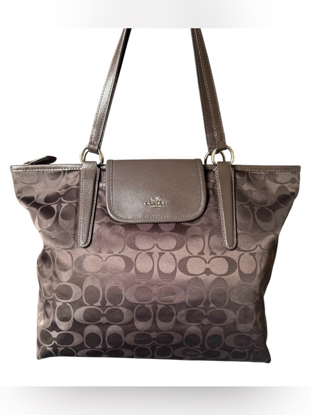Coach Brown Signature Jacquard Tote with Leather Trim